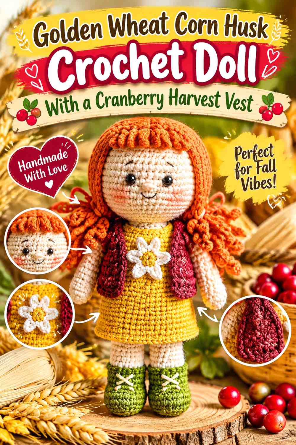Golden Wheat Corn Husk Crochet Doll With a Cranberry Harvest Vest