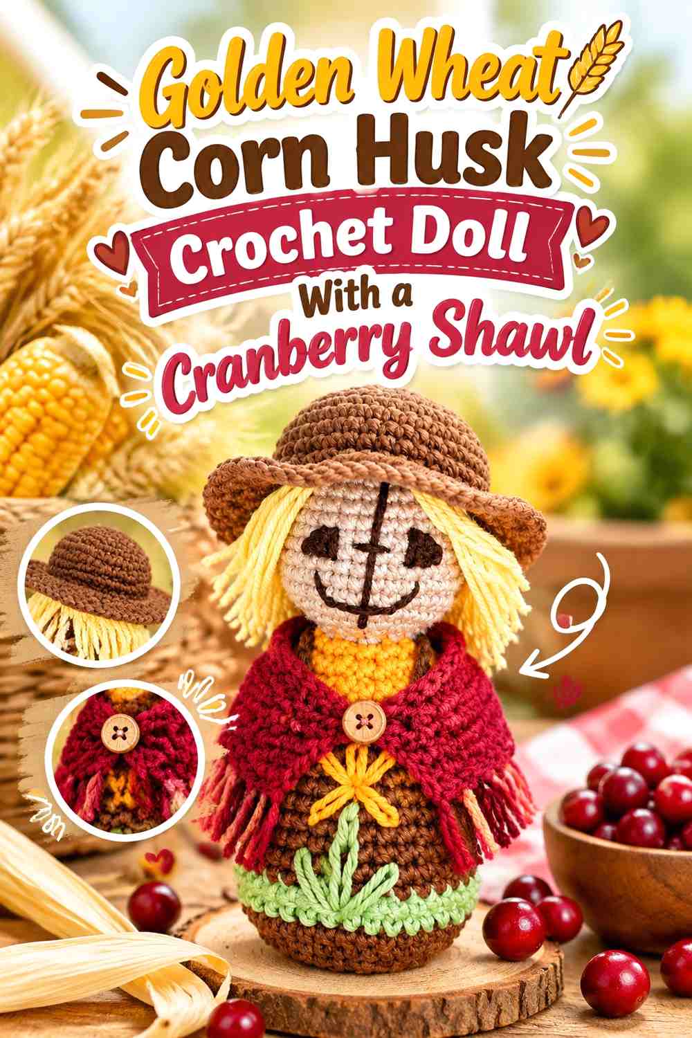 Golden Wheat Corn Husk Crochet Doll With a Cranberry Shawl