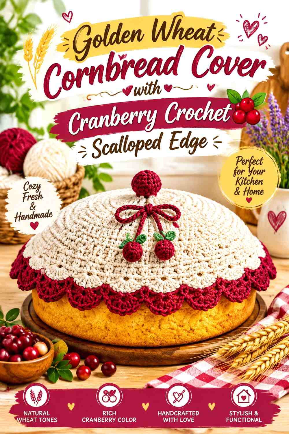 Golden Wheat Cornbread Cover with Cranberry Crochet Scalloped Edge