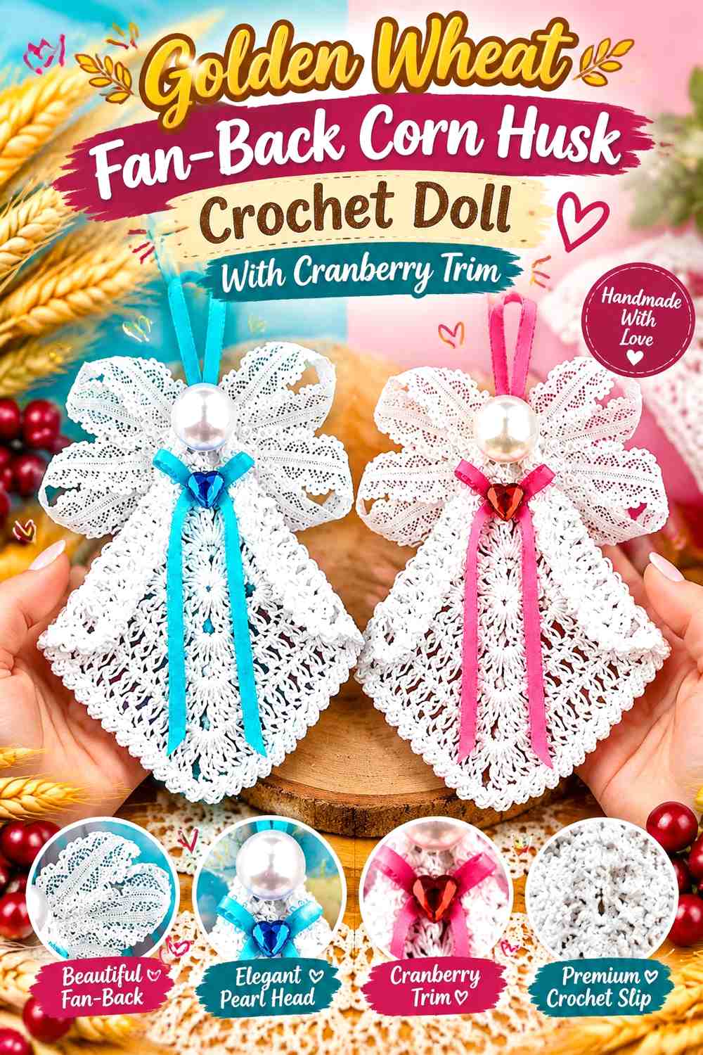 Golden Wheat Fan-Back Corn Husk Crochet Doll With Cranberry Trim