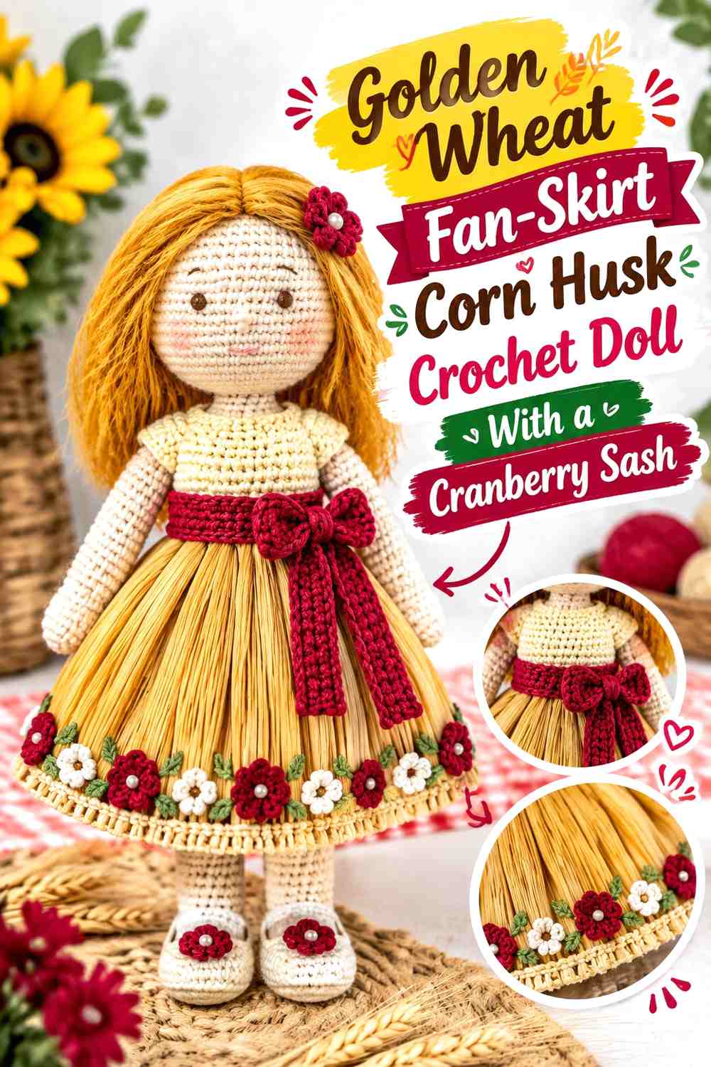 Golden Wheat Fan-Skirt Corn Husk Crochet Doll With a Cranberry Sash