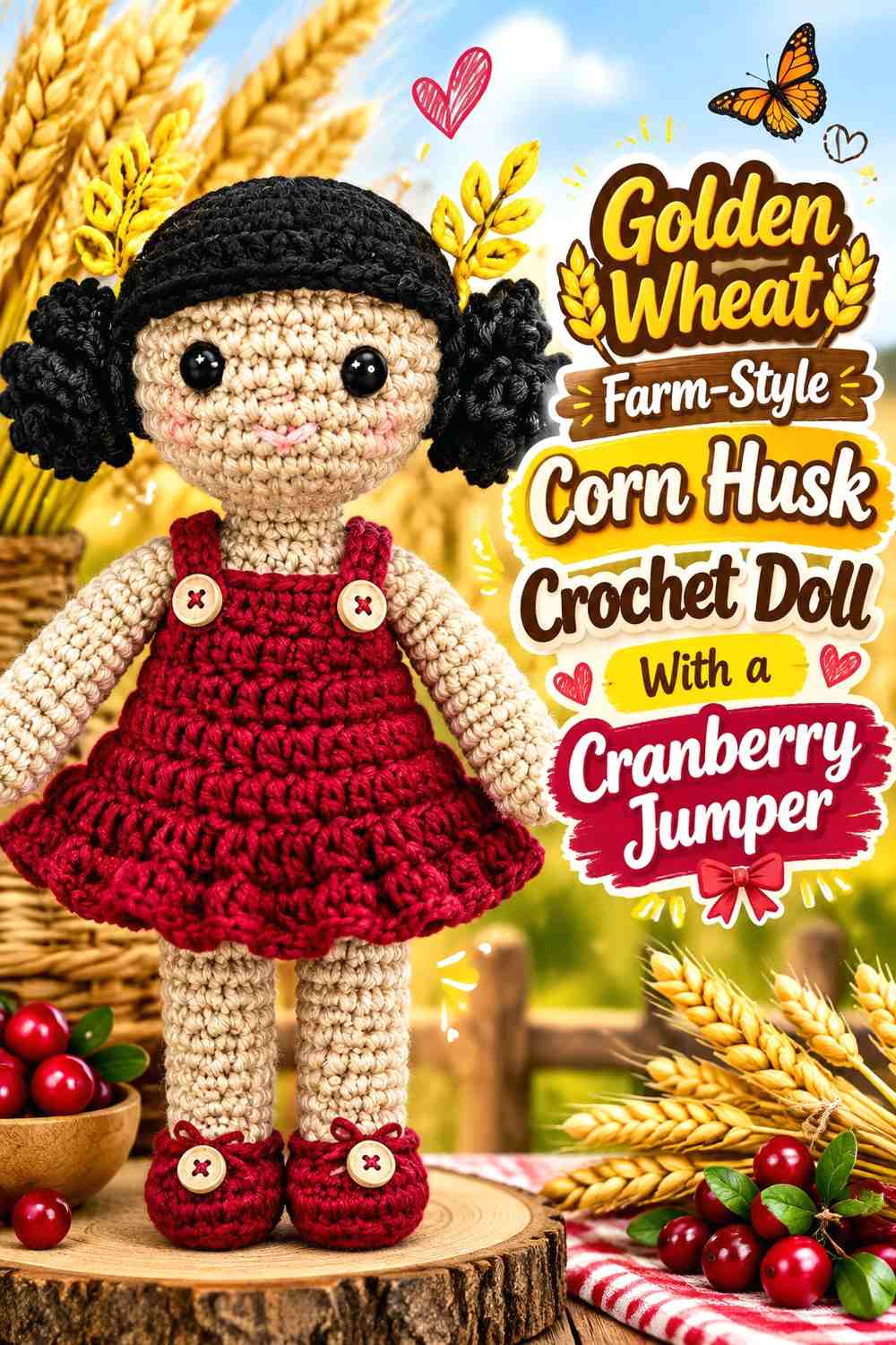 Golden Wheat Farm-Style Corn Husk Crochet Doll With a Cranberry Jumper