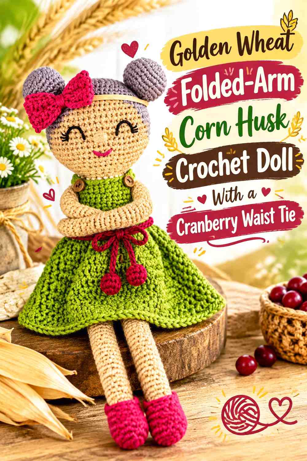 Golden Wheat Folded-Arm Corn Husk Crochet Doll With a Cranberry Waist Tie