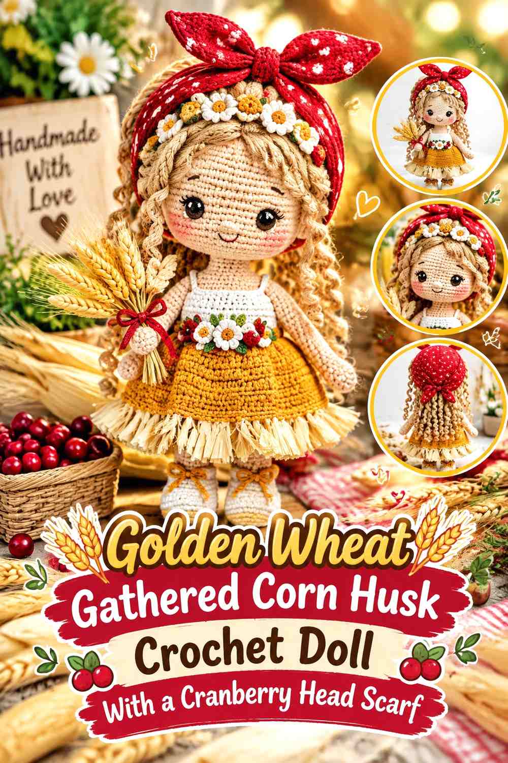 Golden Wheat Gathered Corn Husk Crochet Doll With a Cranberry Head Scarf