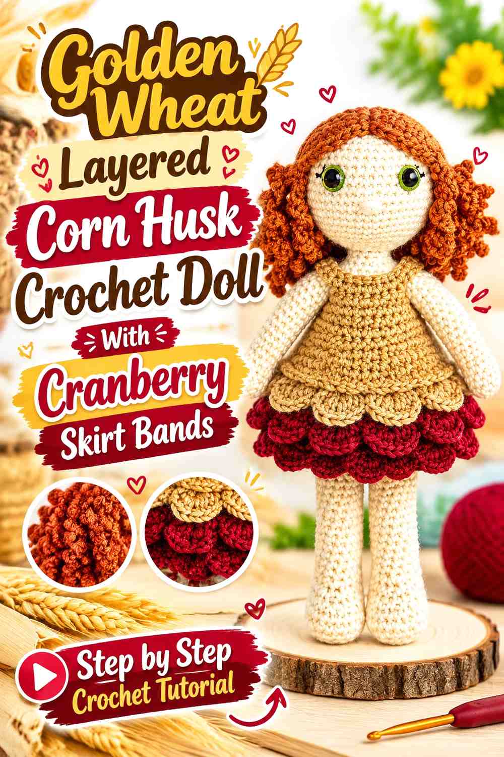 Golden Wheat Layered Corn Husk Crochet Doll With Cranberry Skirt Bands