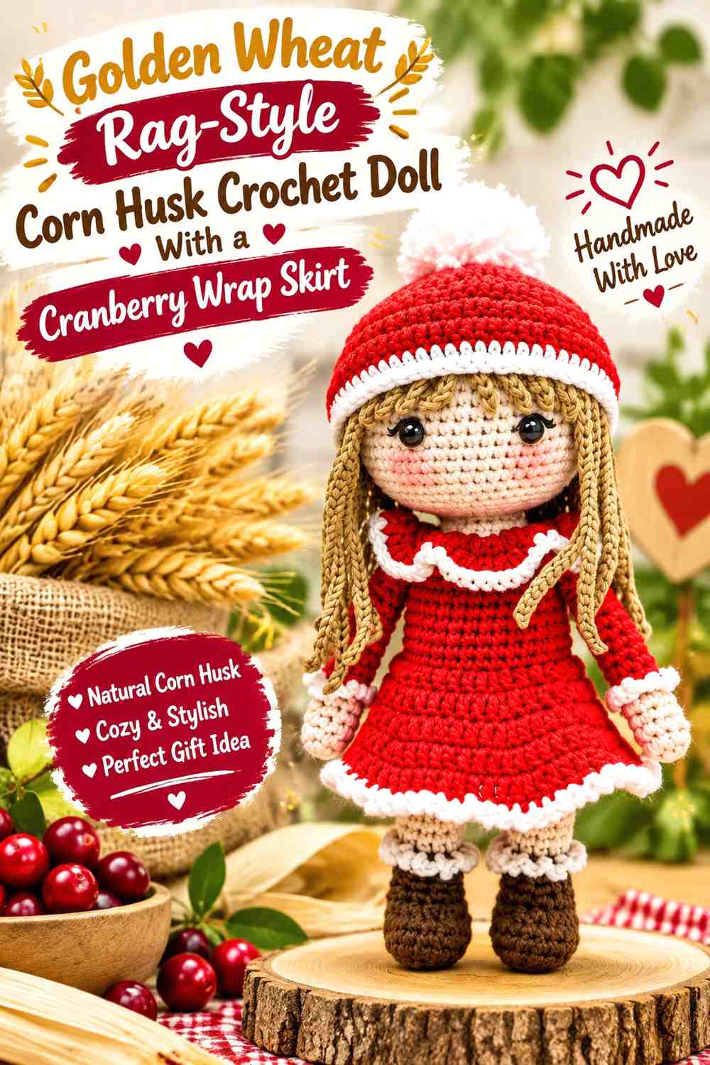 Golden Wheat Rag-Style Corn Husk Crochet Doll With a Cranberry Wrap Skirt