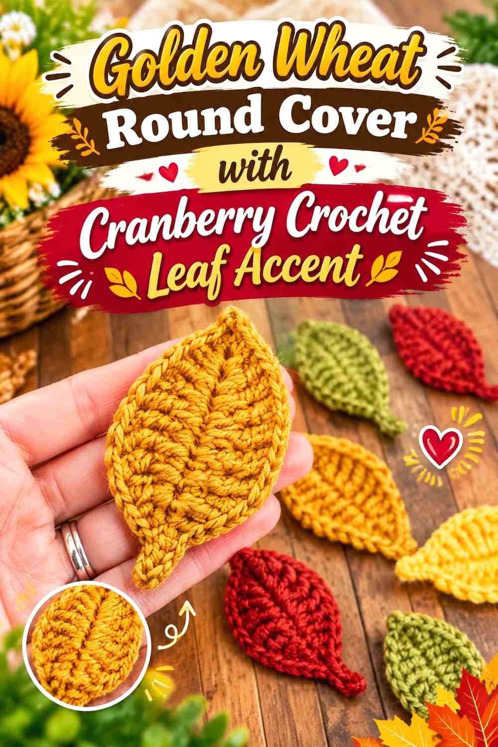 Golden Wheat Round Cover with Cranberry Crochet Leaf Accent