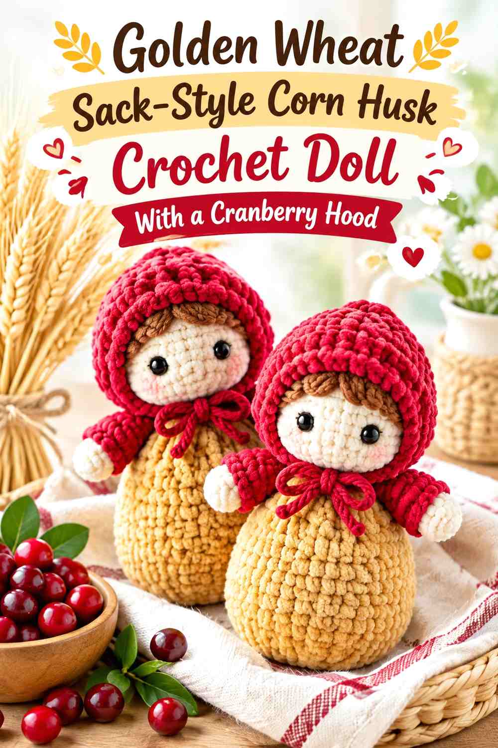 Golden Wheat Sack-Style Corn Husk Crochet Doll With a Cranberry Hood