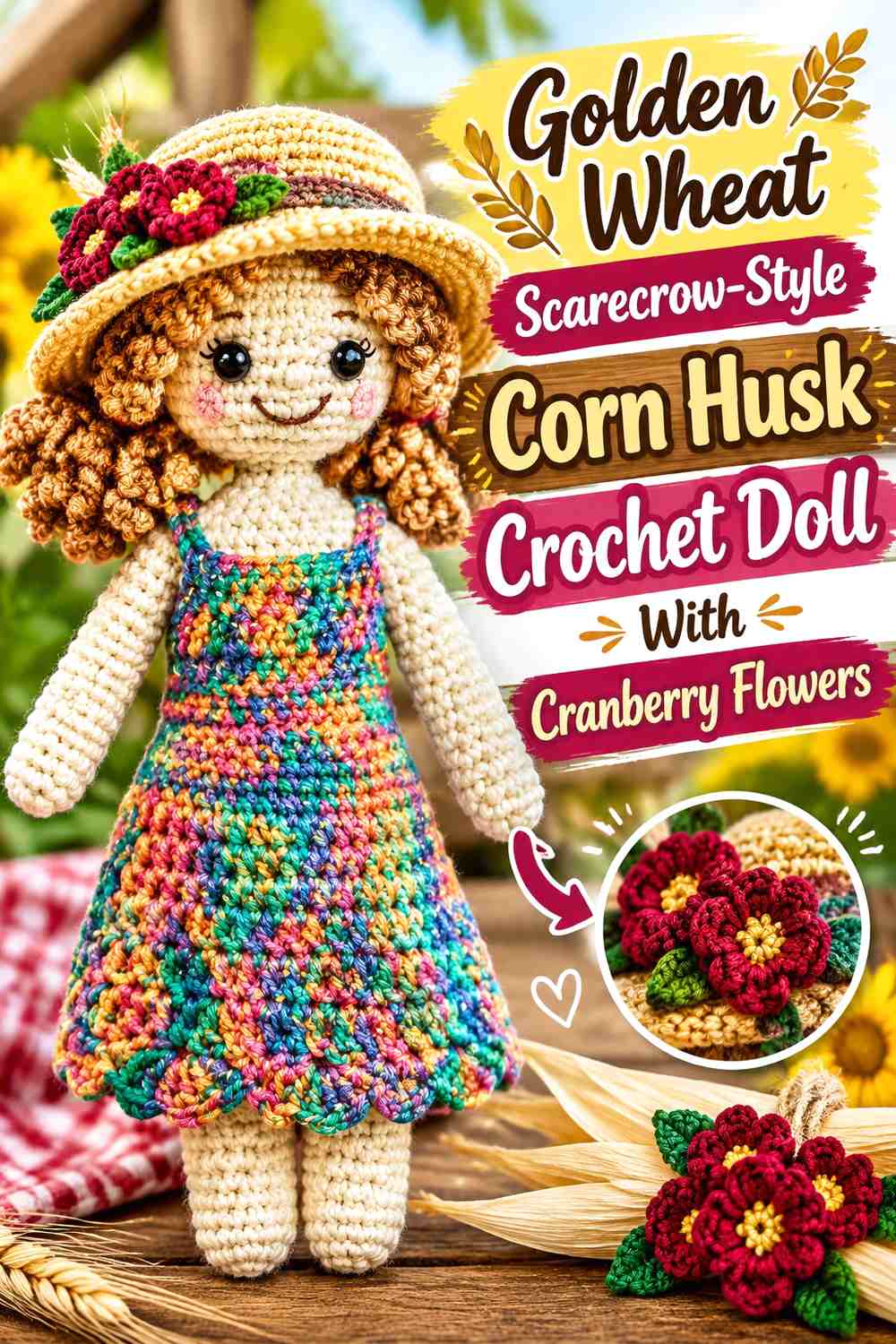 Golden Wheat Scarecrow-Style Corn Husk Crochet Doll With Cranberry Flowers