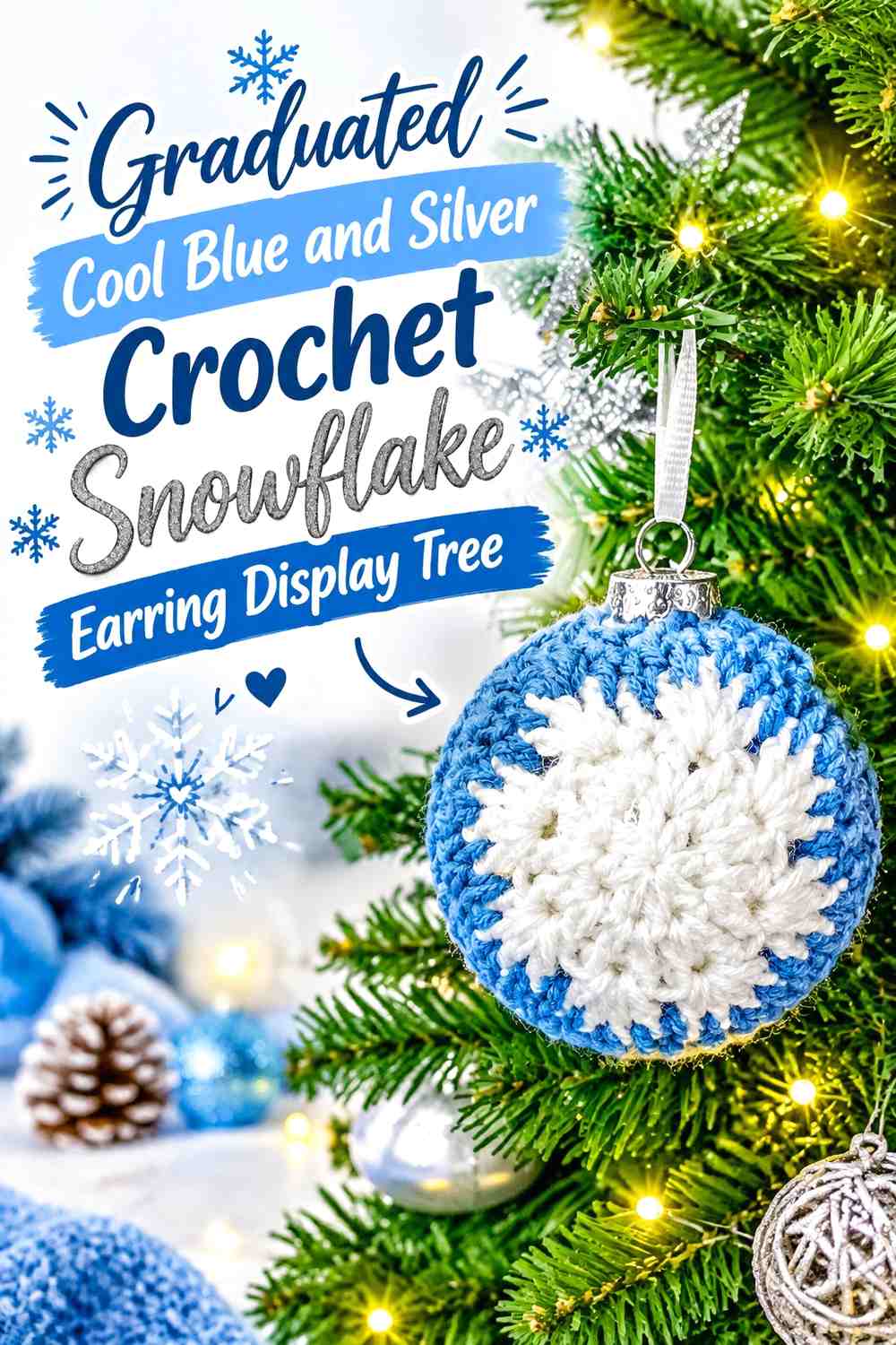 Graduated Cool Blue and Silver Crochet Snowflake Earring Display Tree
