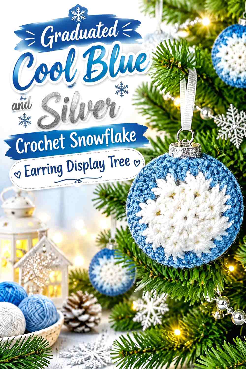 Graduated Cool Blue and Silver Crochet Snowflake Earring Display Tree