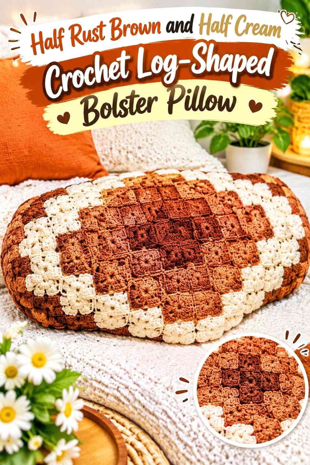 Half Rust Brown and Half Cream Crochet Log-Shaped Bolster Pillow