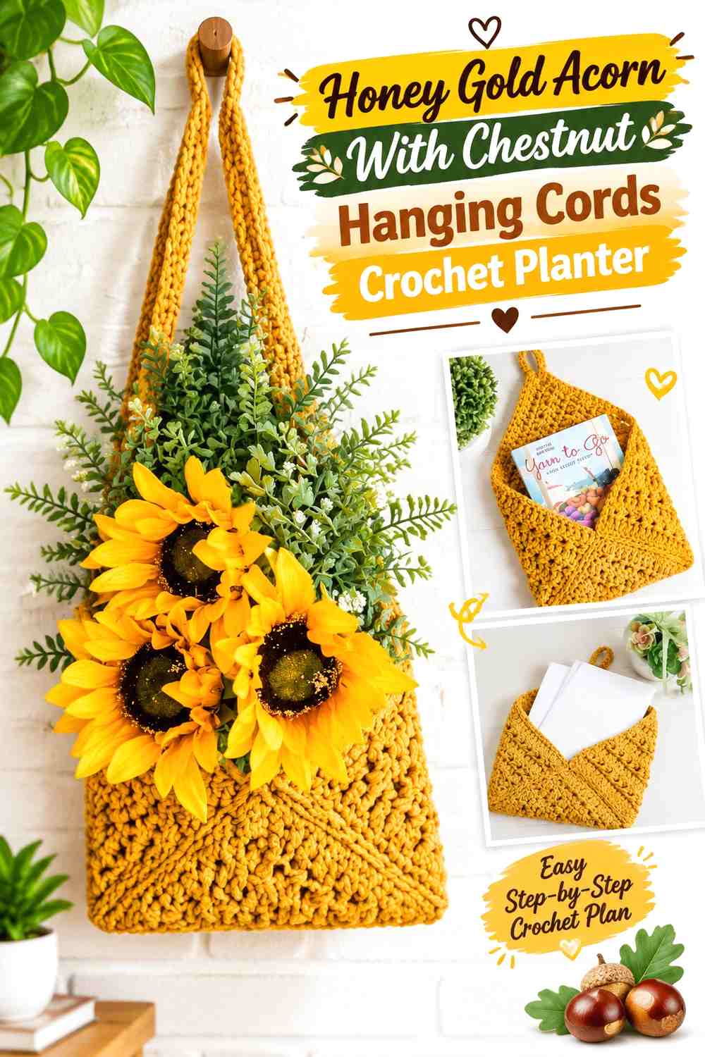 Honey Gold Acorn With Chestnut Hanging Cords Crochet Planter