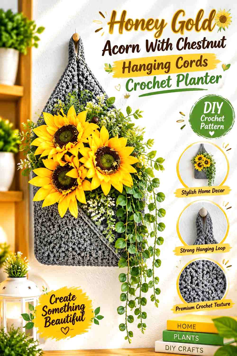 Honey Gold Acorn With Chestnut Hanging Cords Crochet Planter