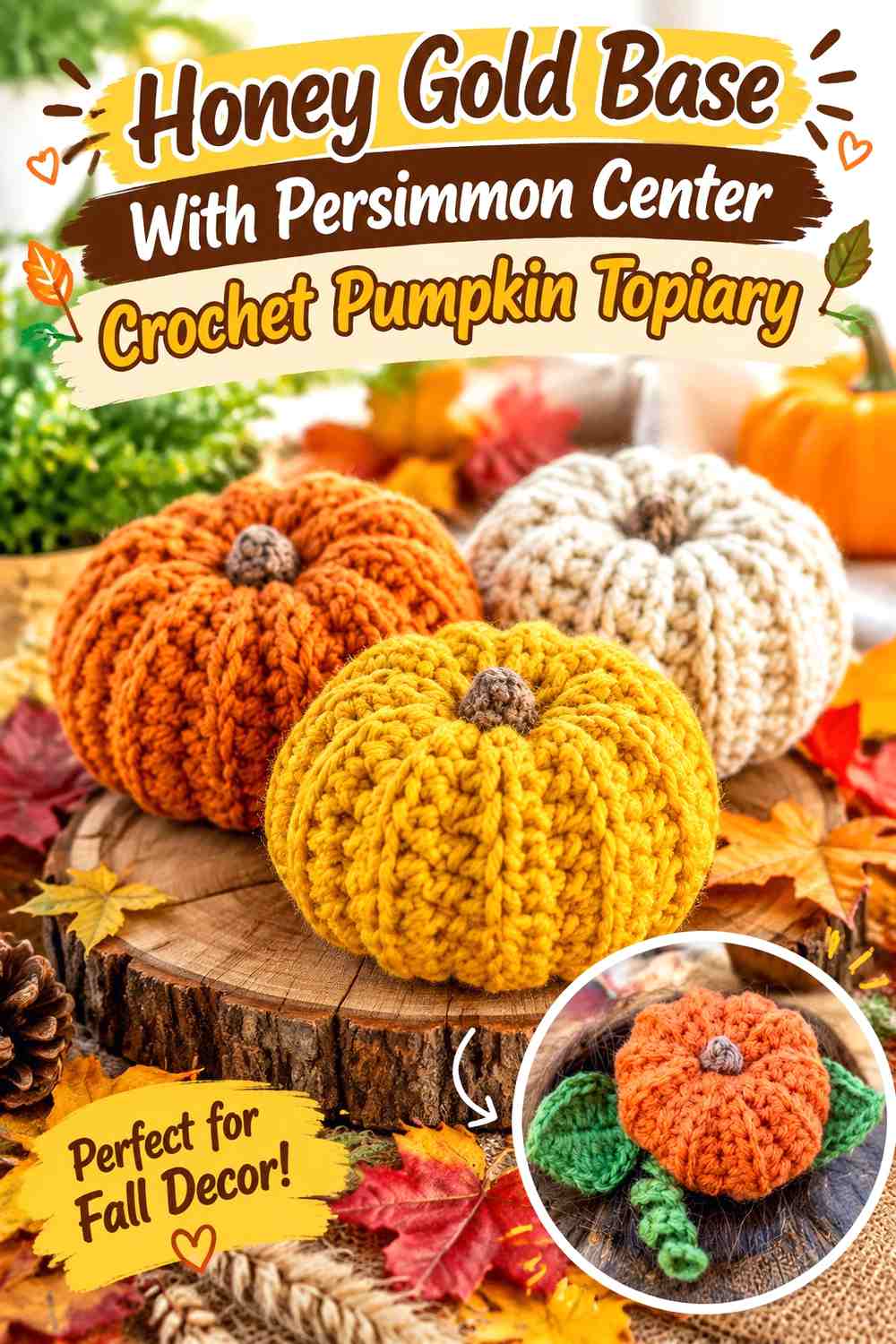 Honey Gold Base With Persimmon Center Crochet Pumpkin Topiary
