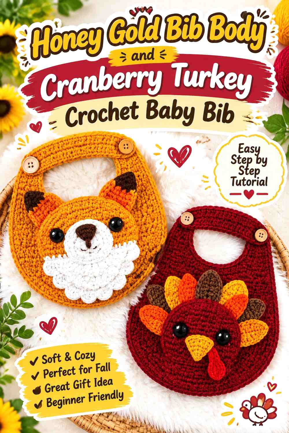 Honey Gold Bib Body and Cranberry Turkey Crochet Baby Bib