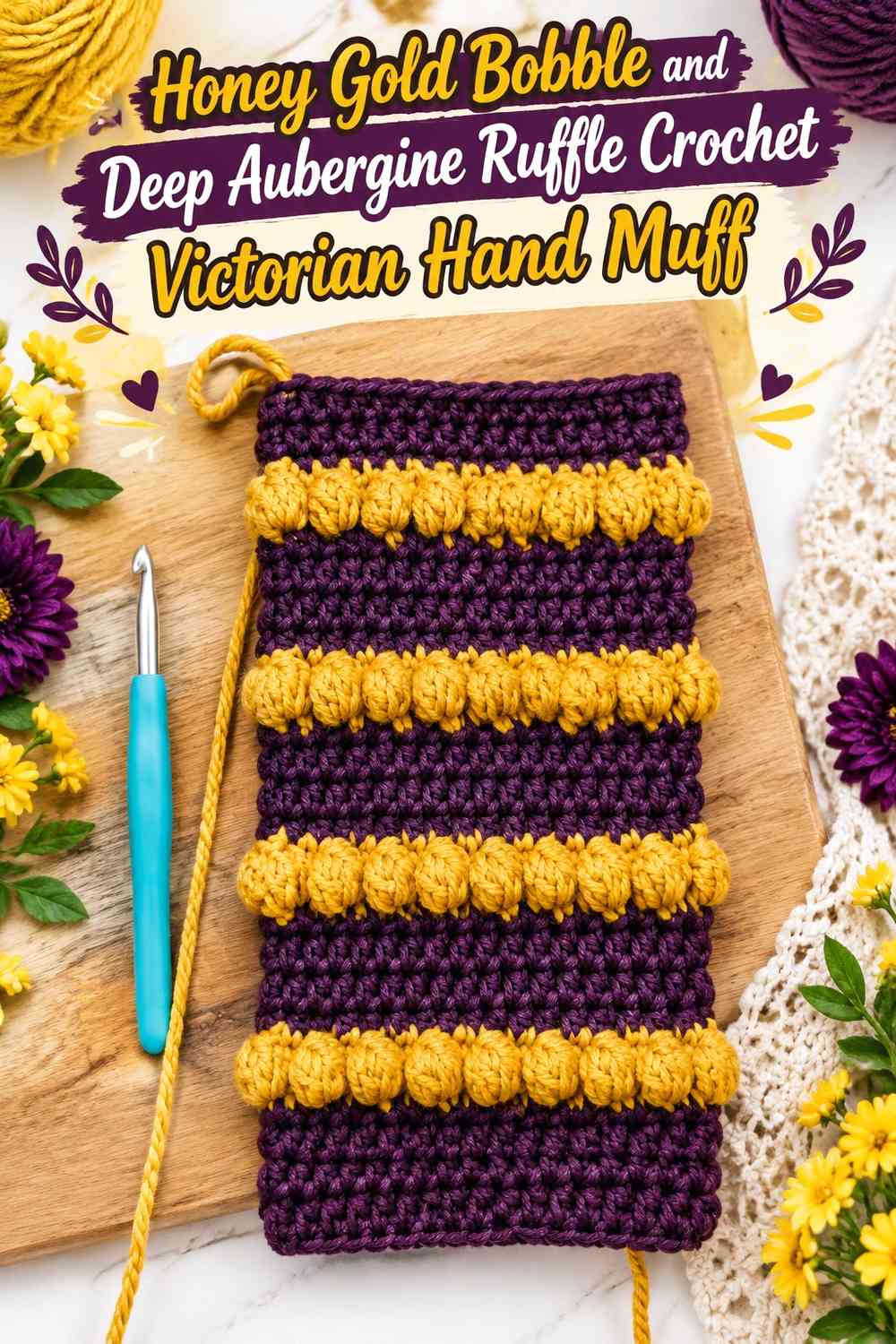 Honey Gold Bobble and Deep Aubergine Ruffle Crochet Victorian Hand Muff