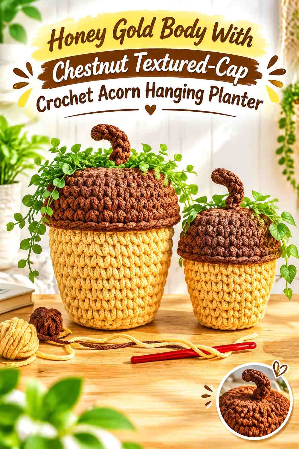 Honey Gold Body With Chestnut Textured-Cap Crochet Acorn Hanging Planter
