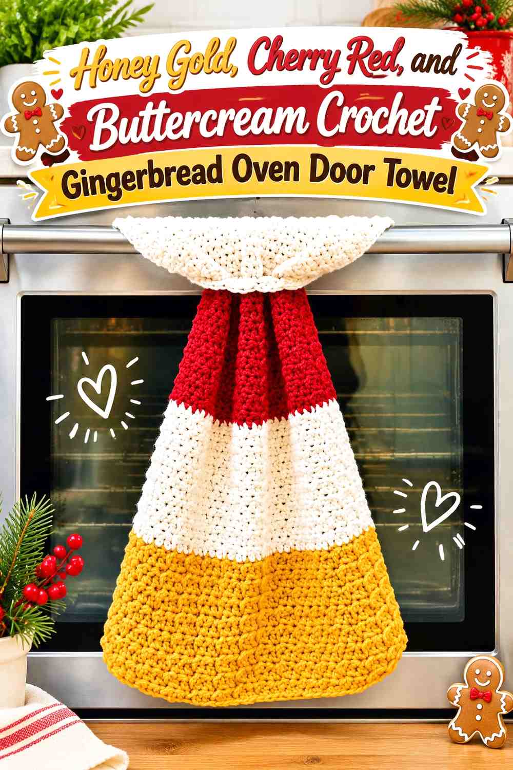 Honey Gold, Cherry Red, and Buttercream Crochet Gingerbread Oven Door Towel
