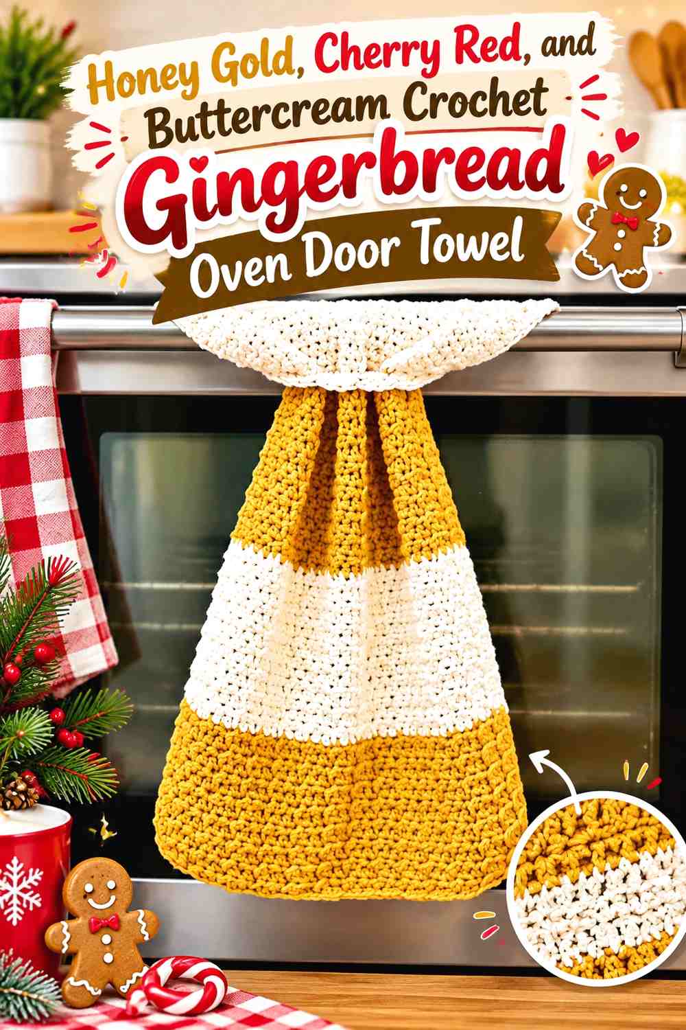 Honey Gold, Cherry Red, and Buttercream Crochet Gingerbread Oven Door Towel