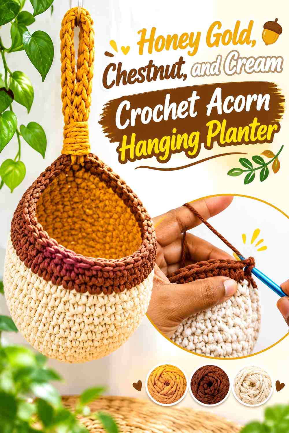 Honey Gold, Chestnut, and Cream Crochet Acorn Hanging Planter