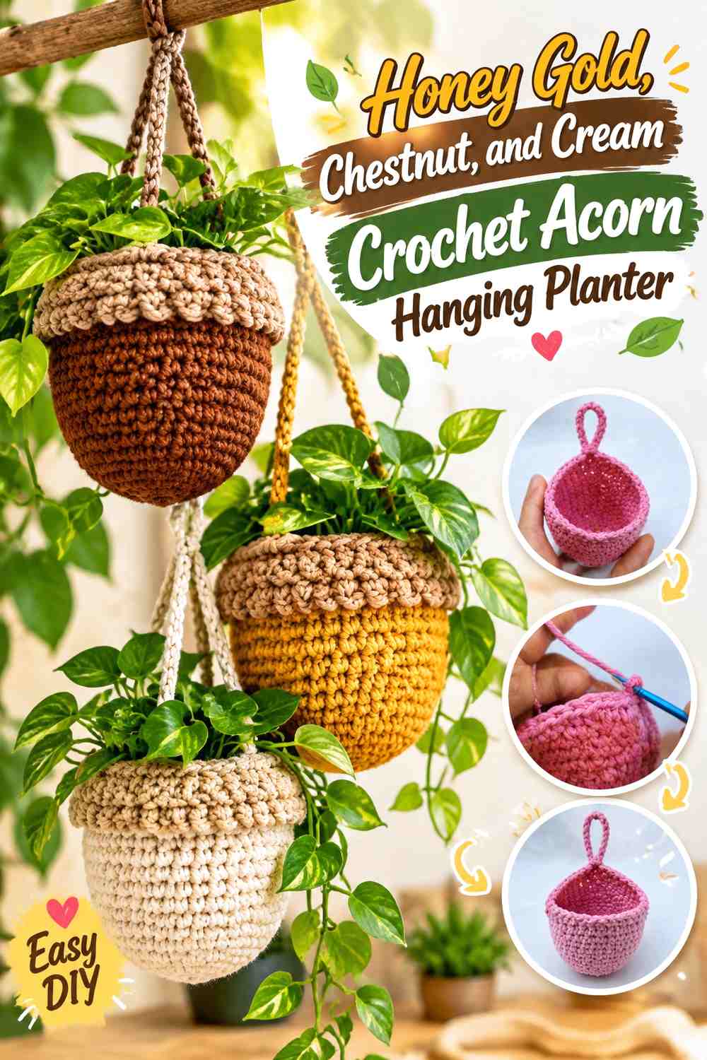 Honey Gold, Chestnut, and Cream Crochet Acorn Hanging Planter