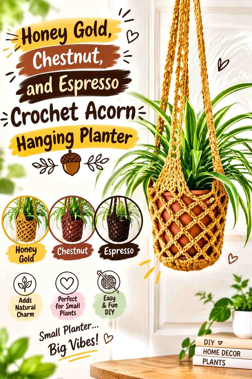 Honey Gold, Chestnut, and Espresso Crochet Acorn Hanging Planter