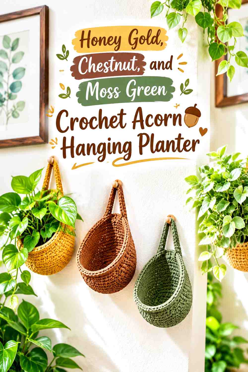 Honey Gold, Chestnut, and Moss Green Crochet Acorn Hanging Planter