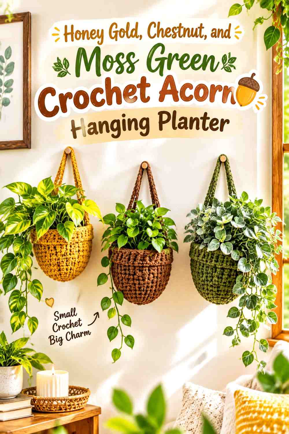 Honey Gold, Chestnut, and Moss Green Crochet Acorn Hanging Planter