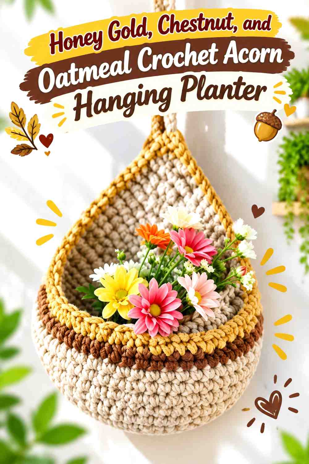 Honey Gold, Chestnut, and Oatmeal Crochet Acorn Hanging Planter