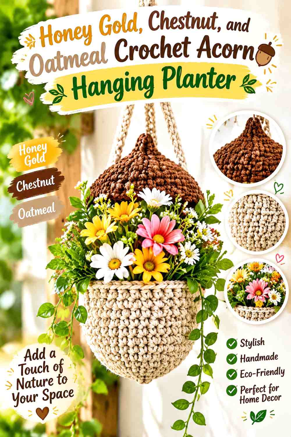 Honey Gold, Chestnut, and Oatmeal Crochet Acorn Hanging Planter