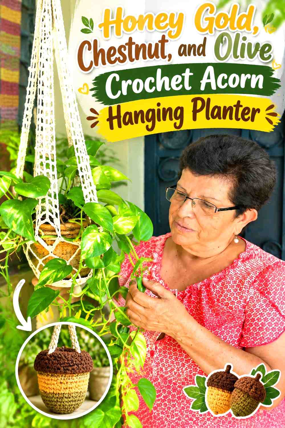 Honey Gold, Chestnut, and Olive Crochet Acorn Hanging Planter
