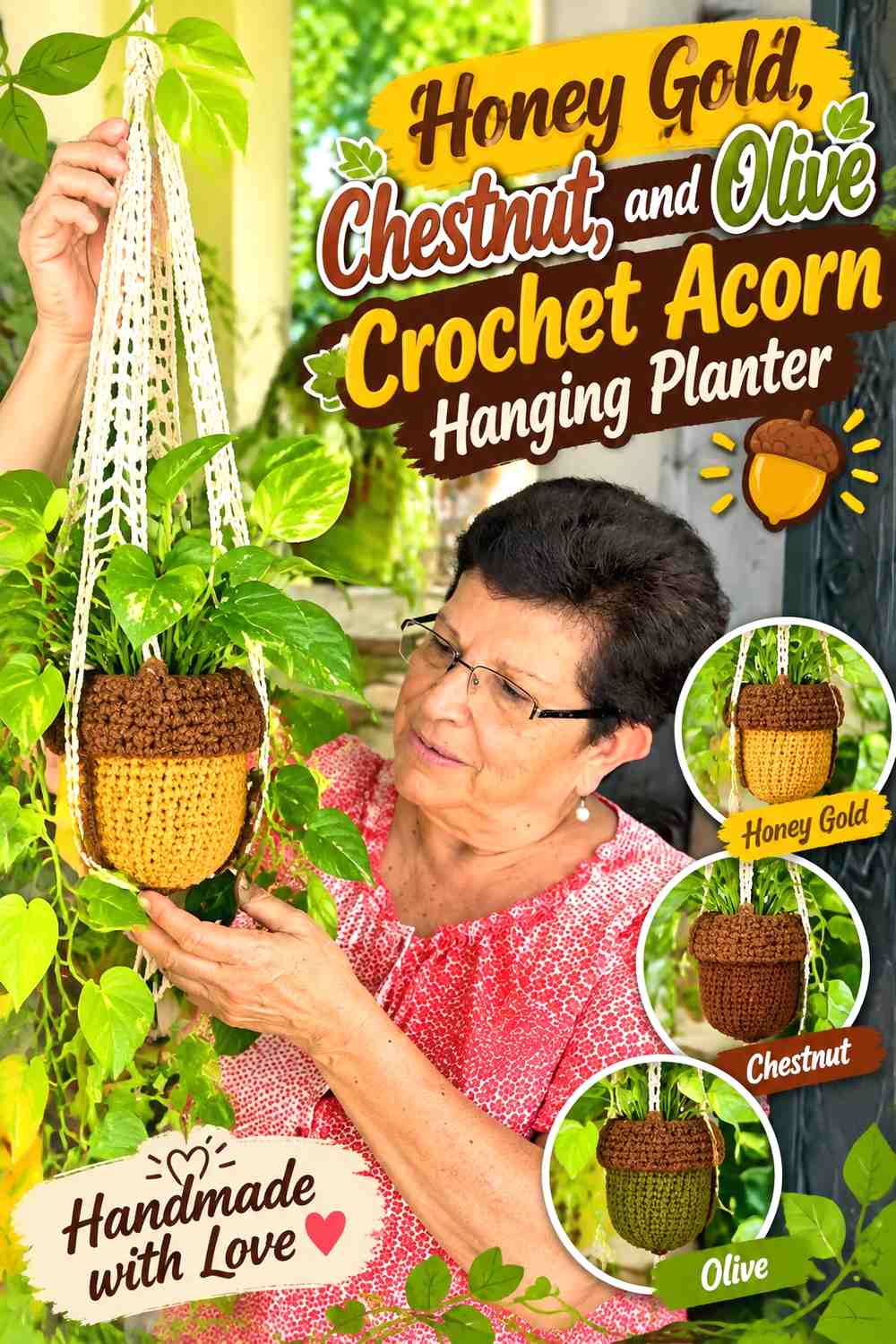 Honey Gold, Chestnut, and Olive Crochet Acorn Hanging Planter