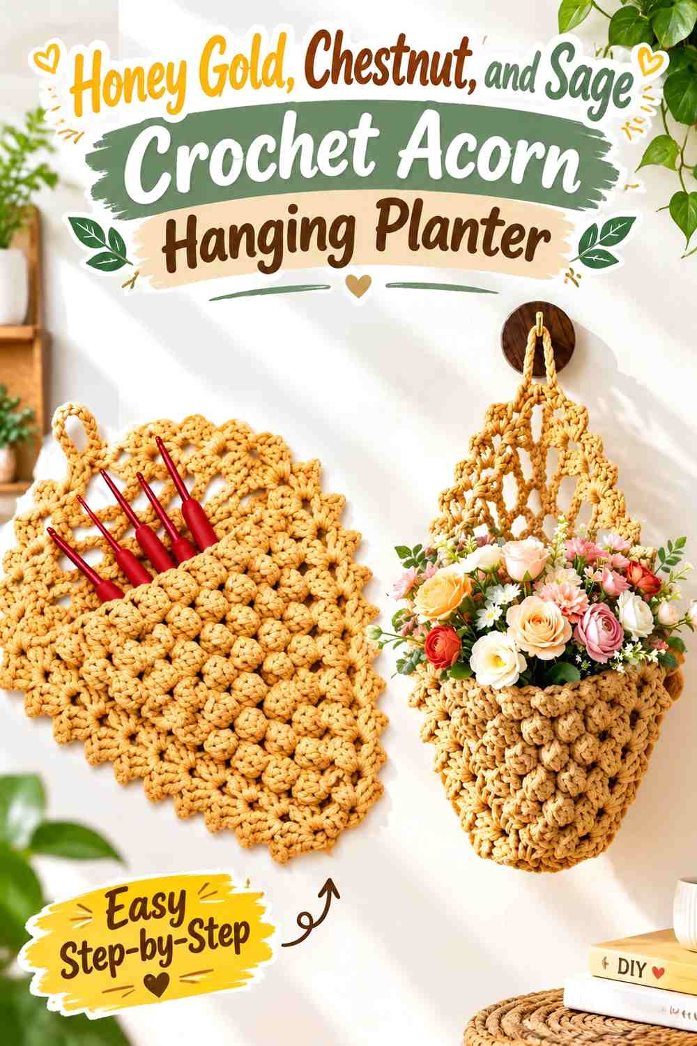Honey Gold, Chestnut, and Sage Crochet Acorn Hanging Planter