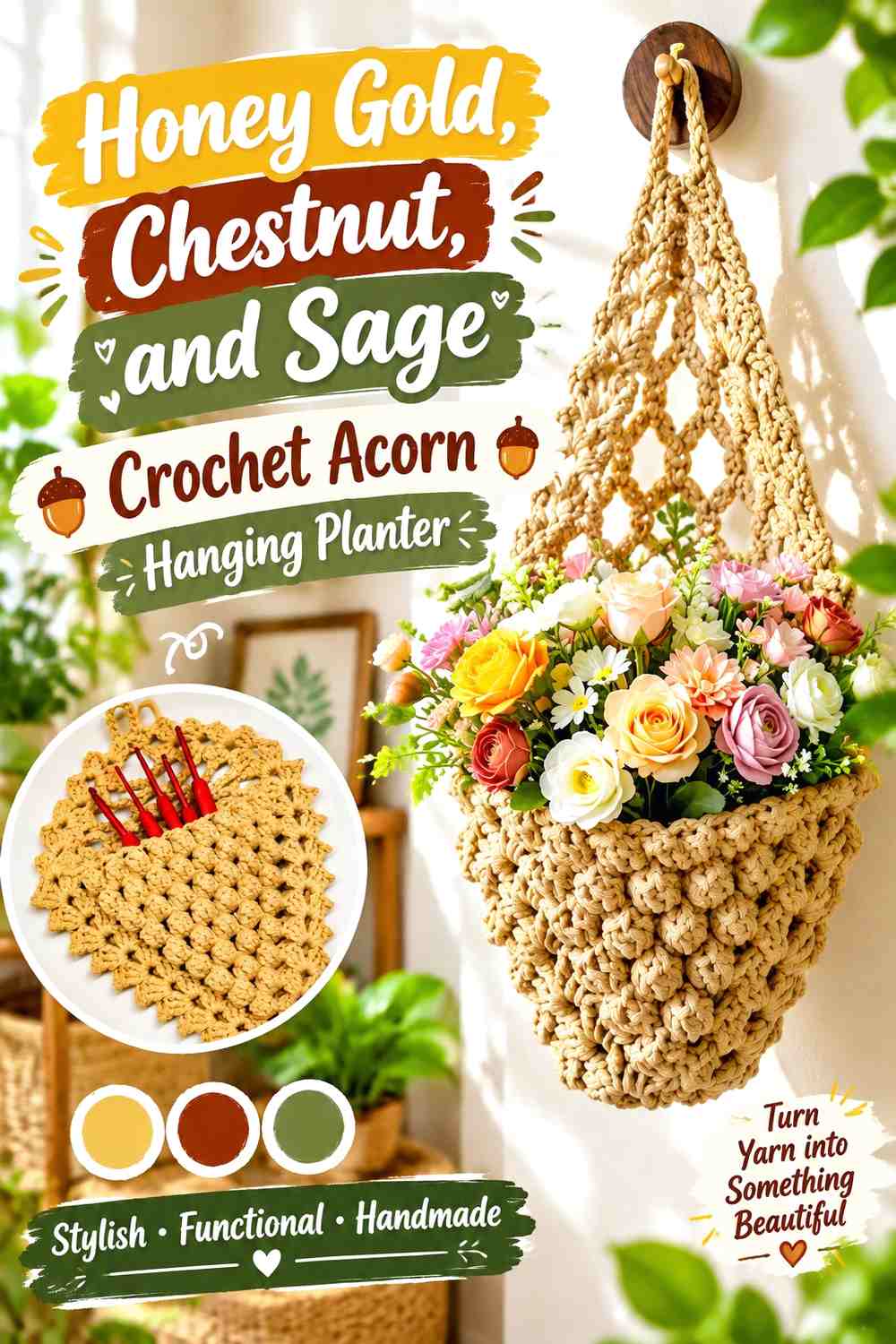 Honey Gold, Chestnut, and Sage Crochet Acorn Hanging Planter