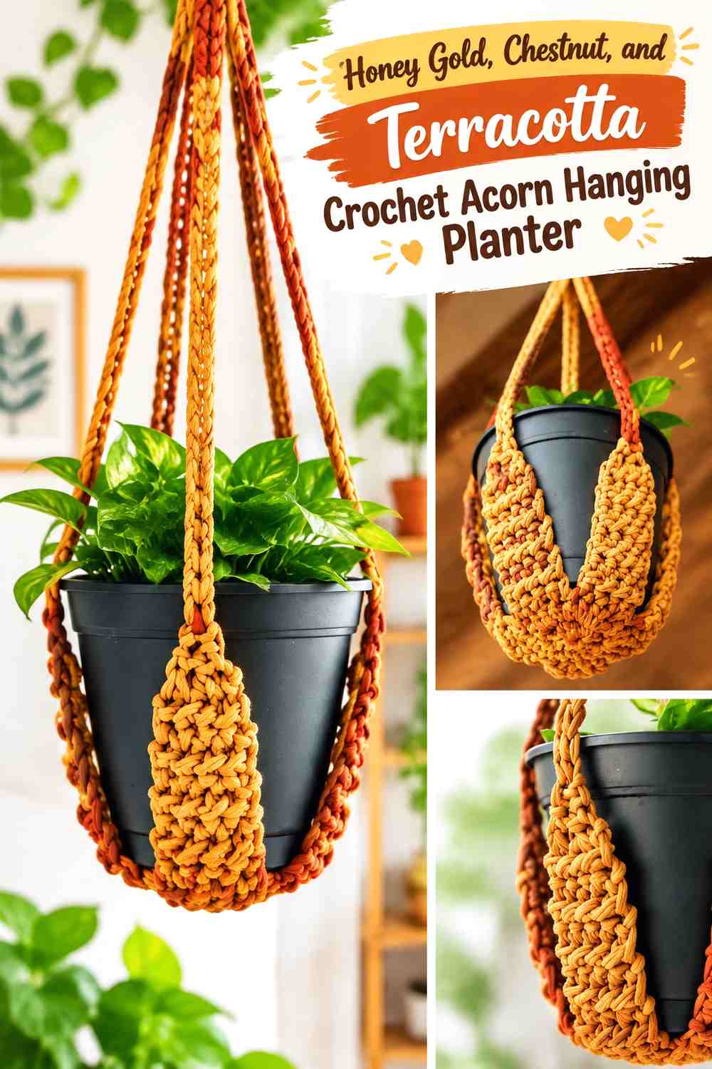 Honey Gold, Chestnut, and Terracotta Crochet Acorn Hanging Planter