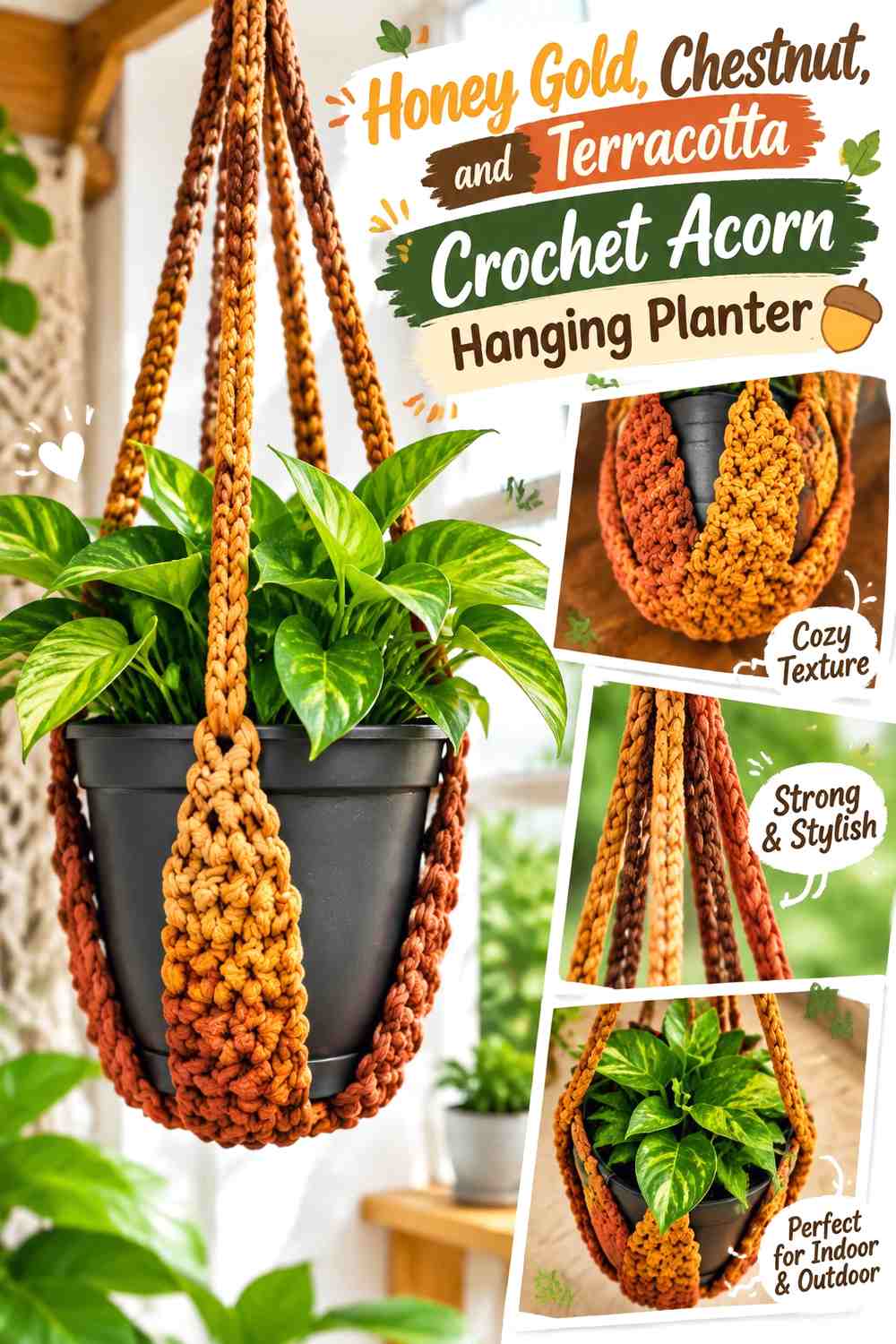 Honey Gold, Chestnut, and Terracotta Crochet Acorn Hanging Planter