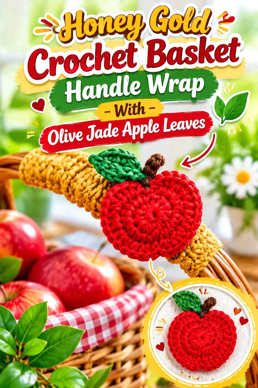 Honey Gold Crochet Basket Handle Wrap With Olive Jade Apple Leaves