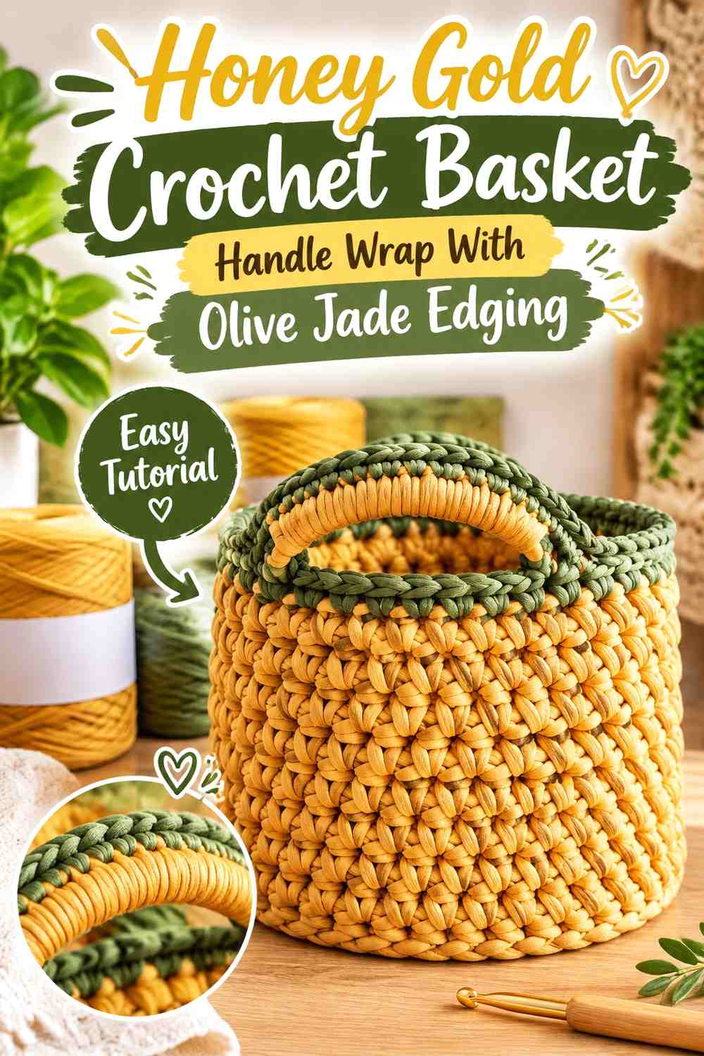 Honey Gold Crochet Basket Handle Wrap With Olive Jade Edging