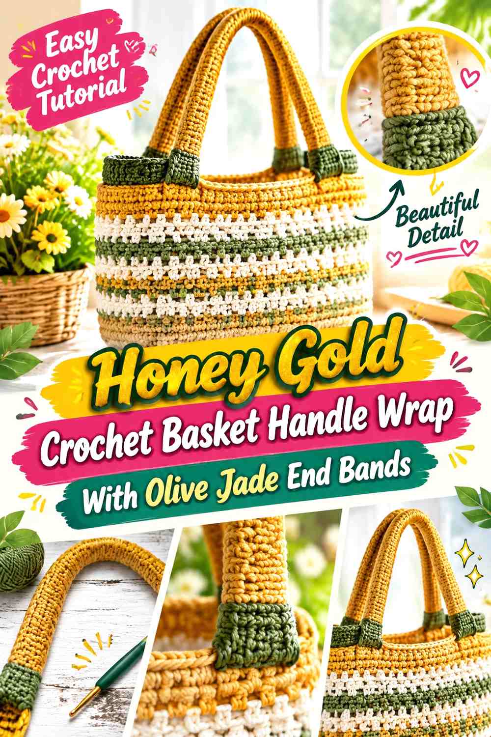 Honey Gold Crochet Basket Handle Wrap With Olive Jade End Bands