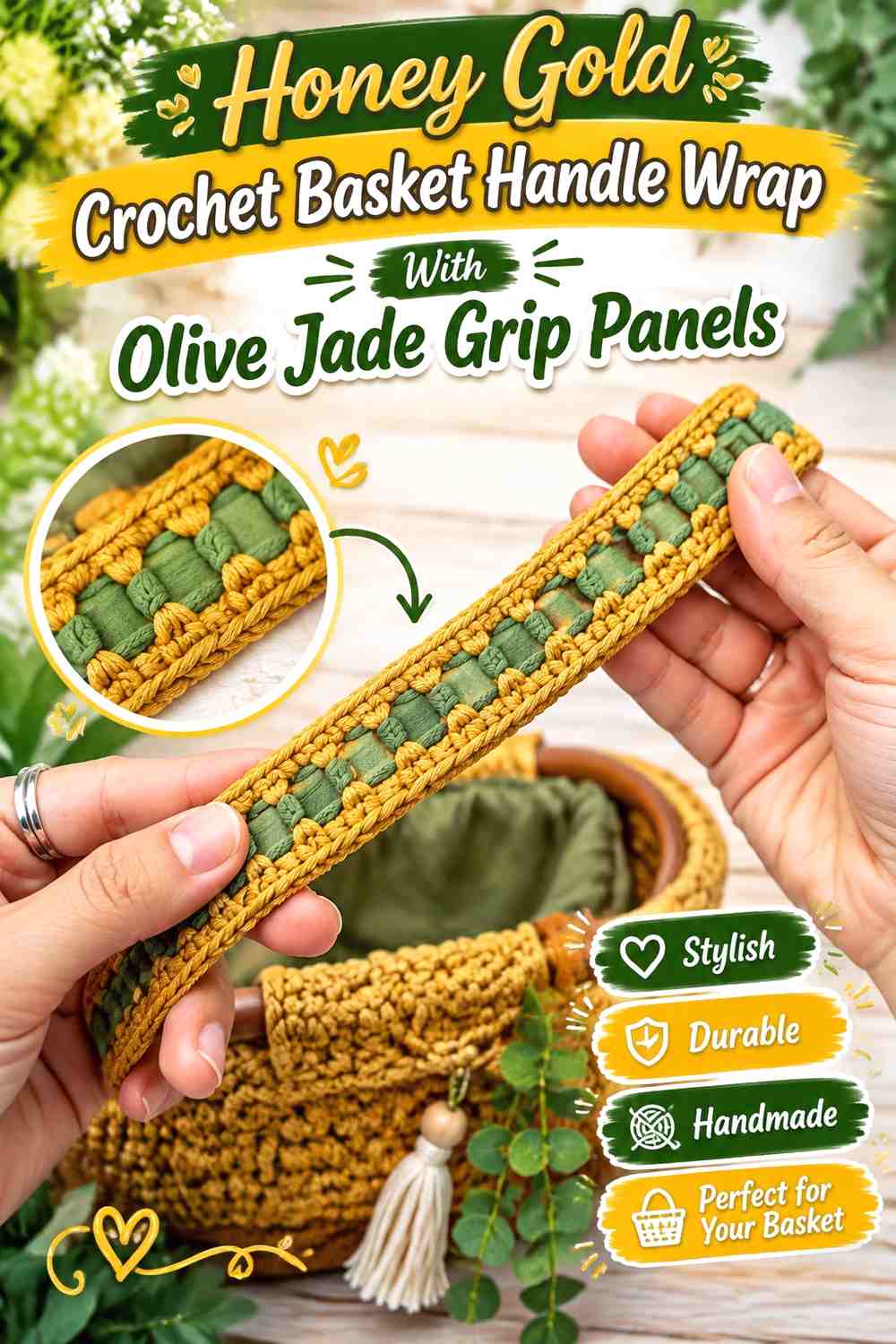 Honey Gold Crochet Basket Handle Wrap With Olive Jade Grip Panels