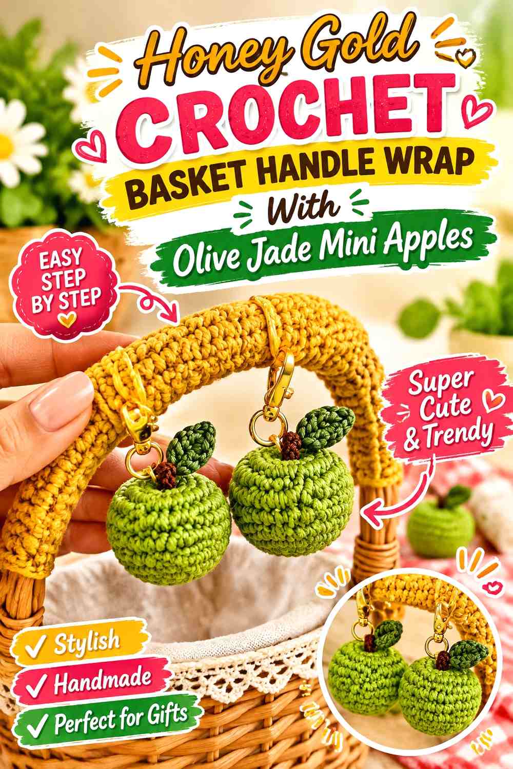 Honey Gold Crochet Basket Handle Wrap With Olive Jade Mini Apples