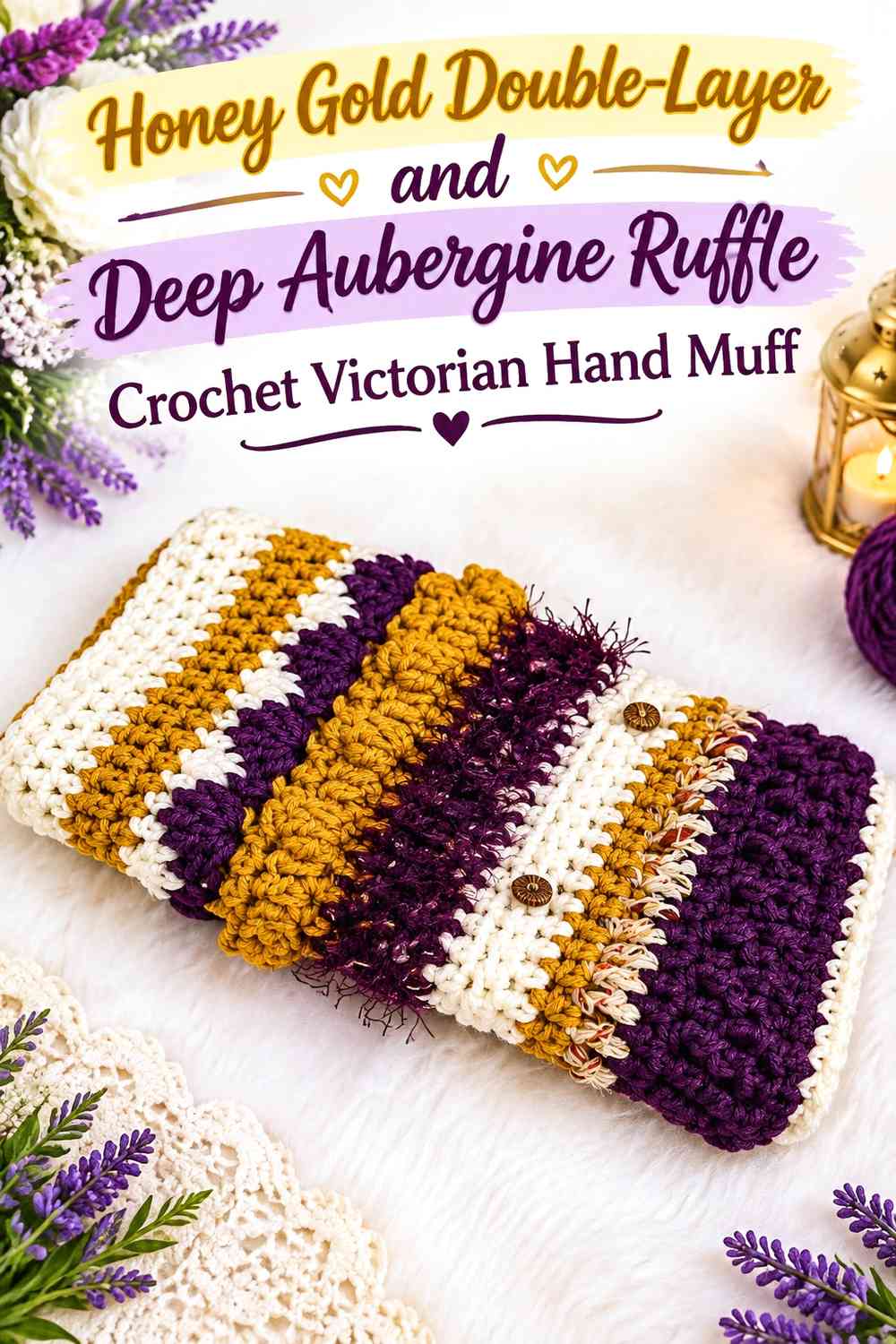 Honey Gold Double-Layer and Deep Aubergine Ruffle Crochet Victorian Hand Muff