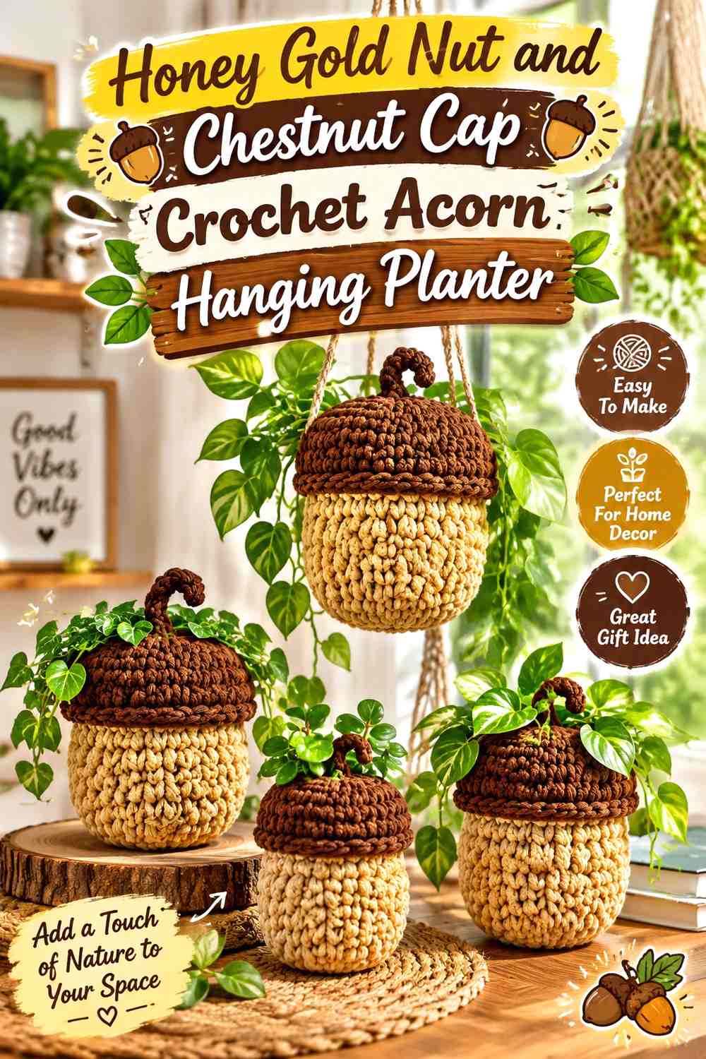Honey Gold Nut and Chestnut Cap Crochet Acorn Hanging Planter