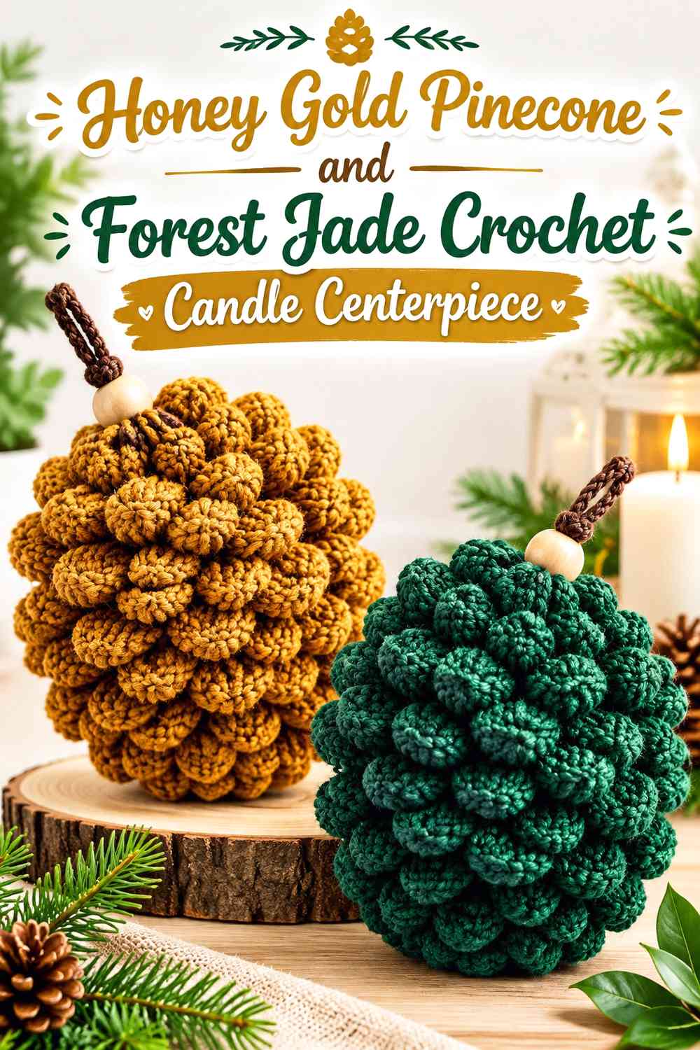 Honey Gold Pinecone and Forest Jade Crochet Candle Centerpiece