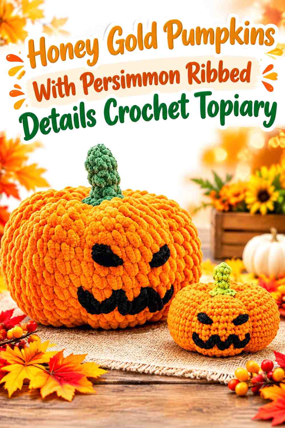 Honey Gold Pumpkins With Persimmon Ribbed Details Crochet Topiary