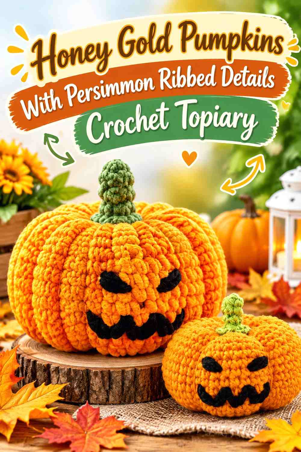 Honey Gold Pumpkins With Persimmon Ribbed Details Crochet Topiary