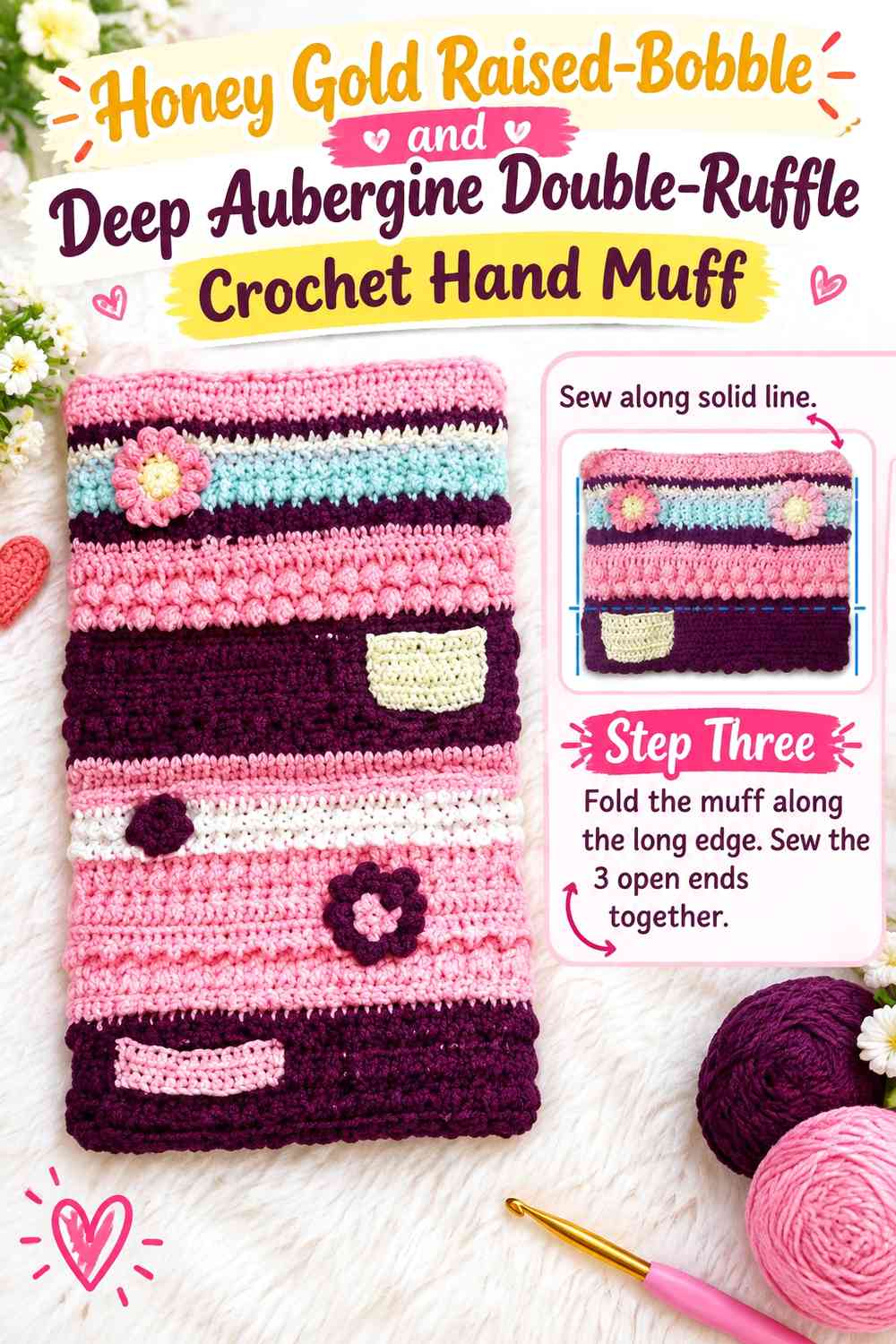 Honey Gold Raised-Bobble and Deep Aubergine Double-Ruffle Crochet Hand Muff