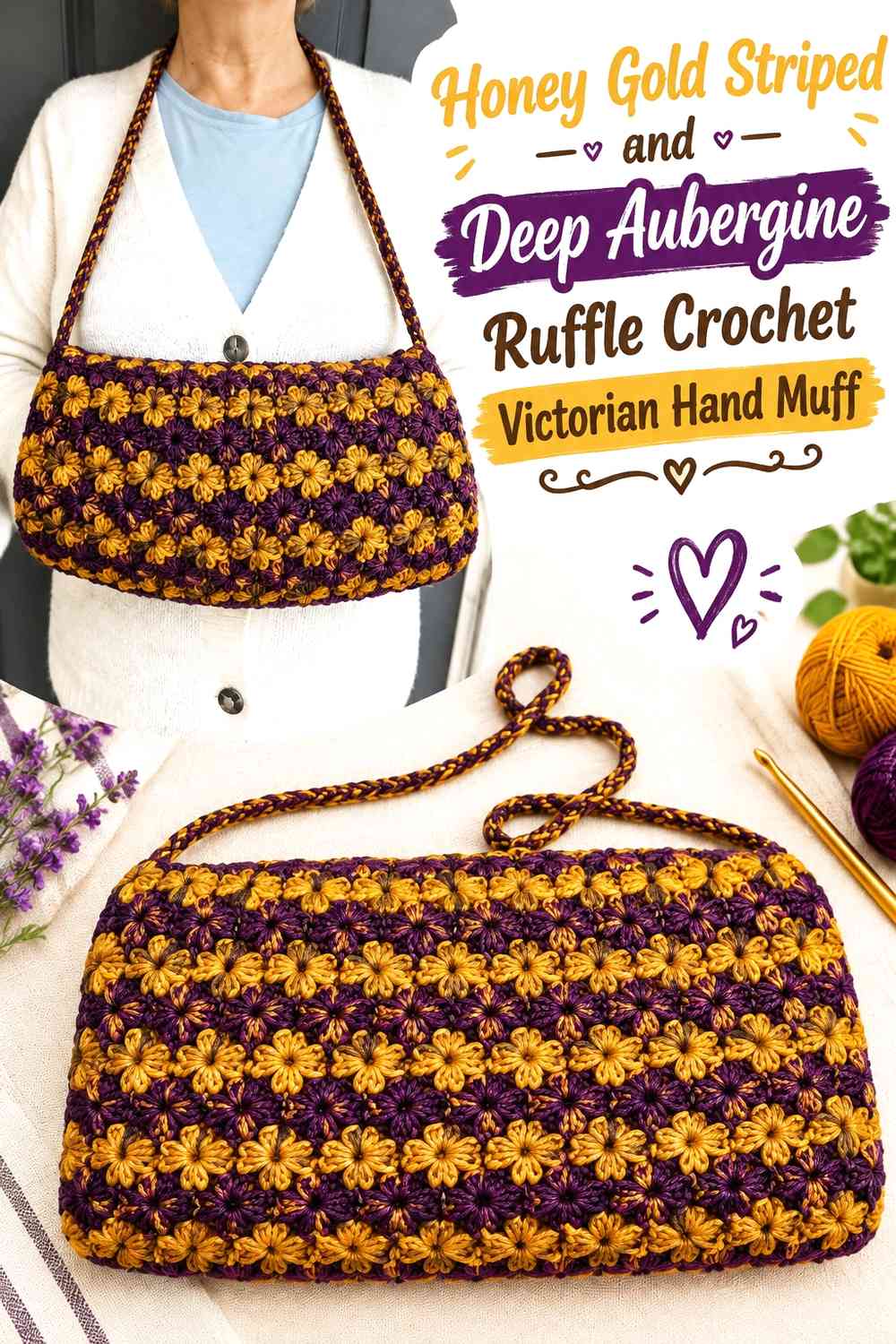 Honey Gold Striped and Deep Aubergine Ruffle Crochet Victorian Hand Muff