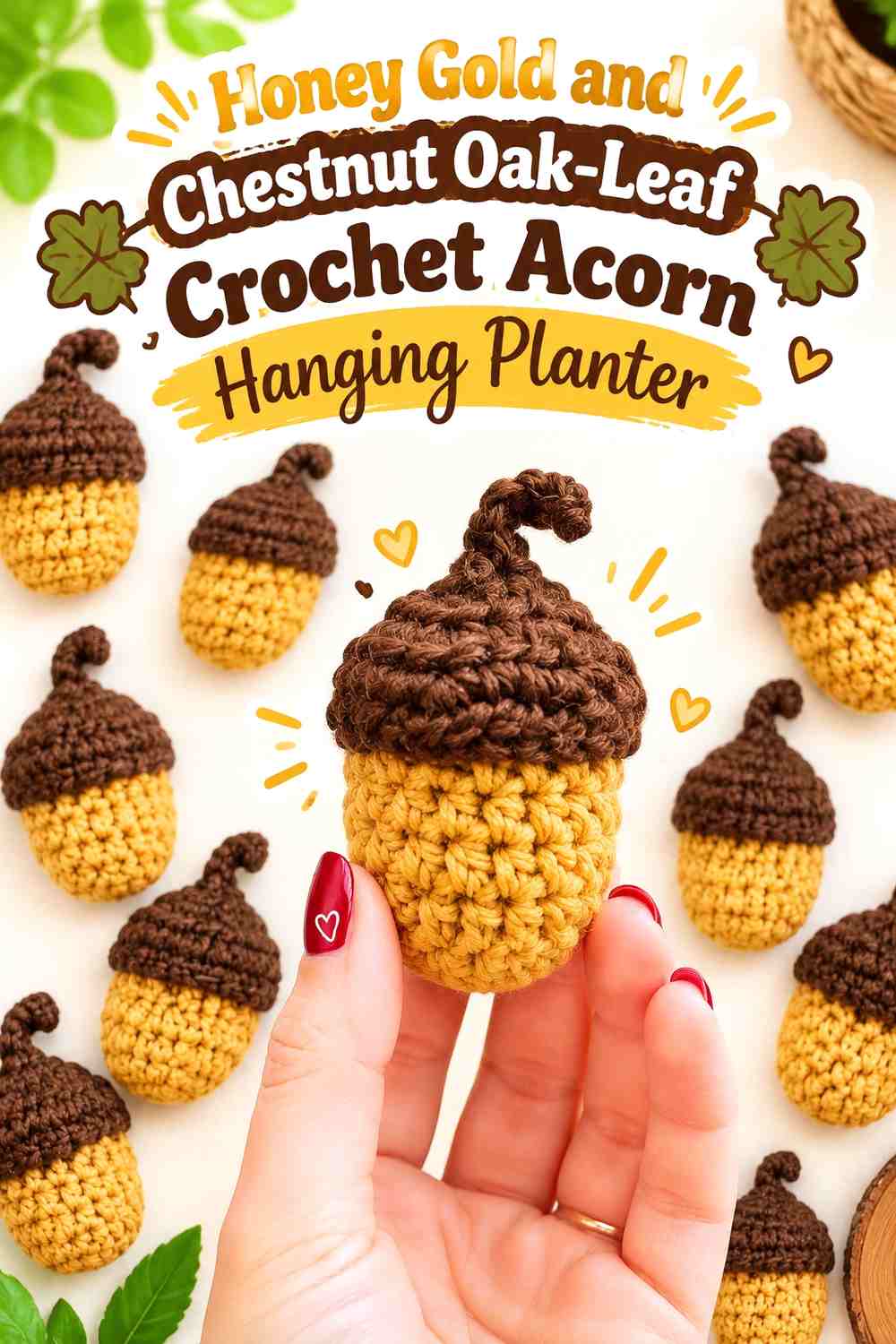 Honey Gold and Chestnut Oak-Leaf Crochet Acorn Hanging Planter